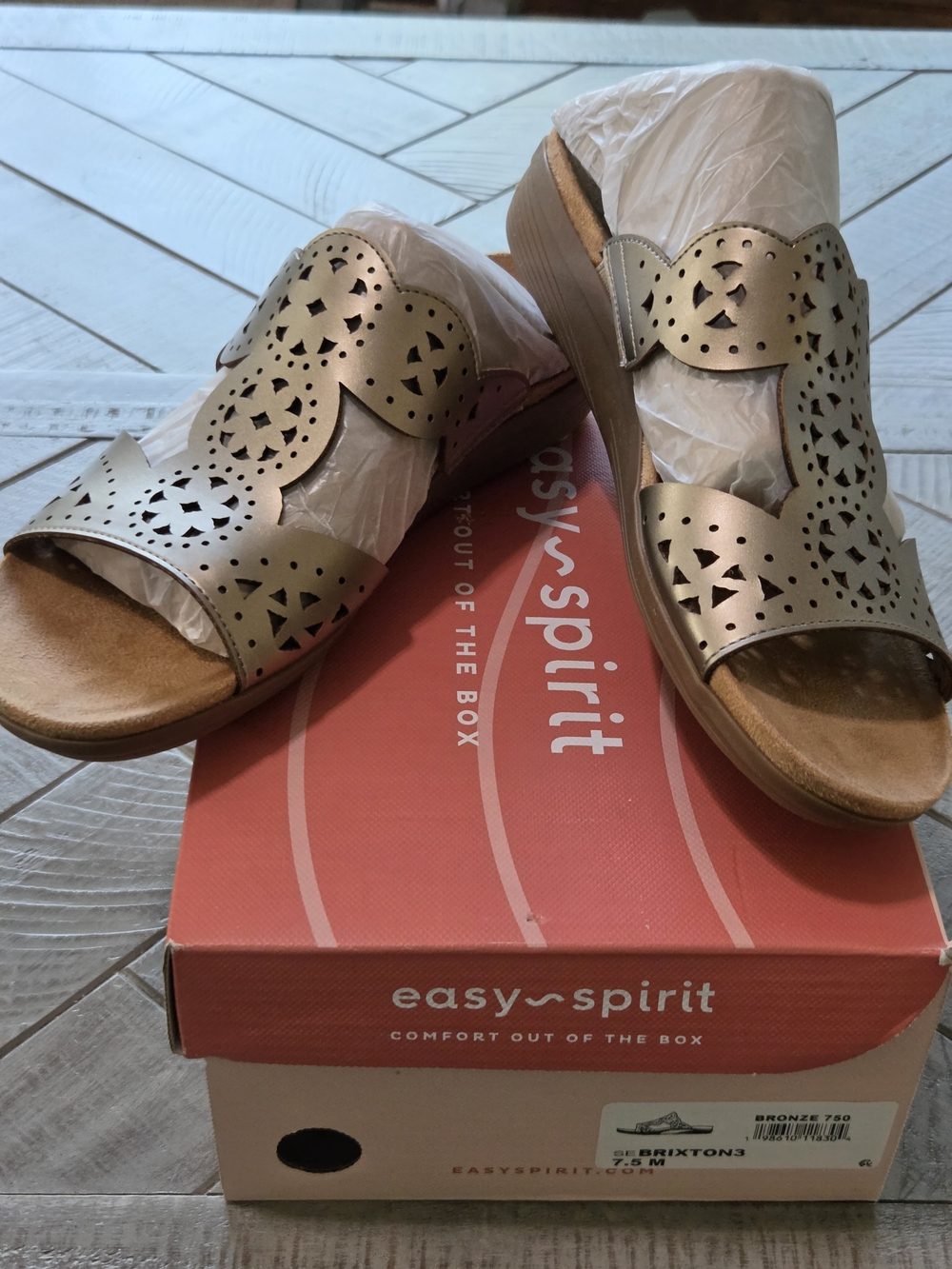 Easy Spirit Bronze Laser-Cut Slide Sandals with Low Wedge